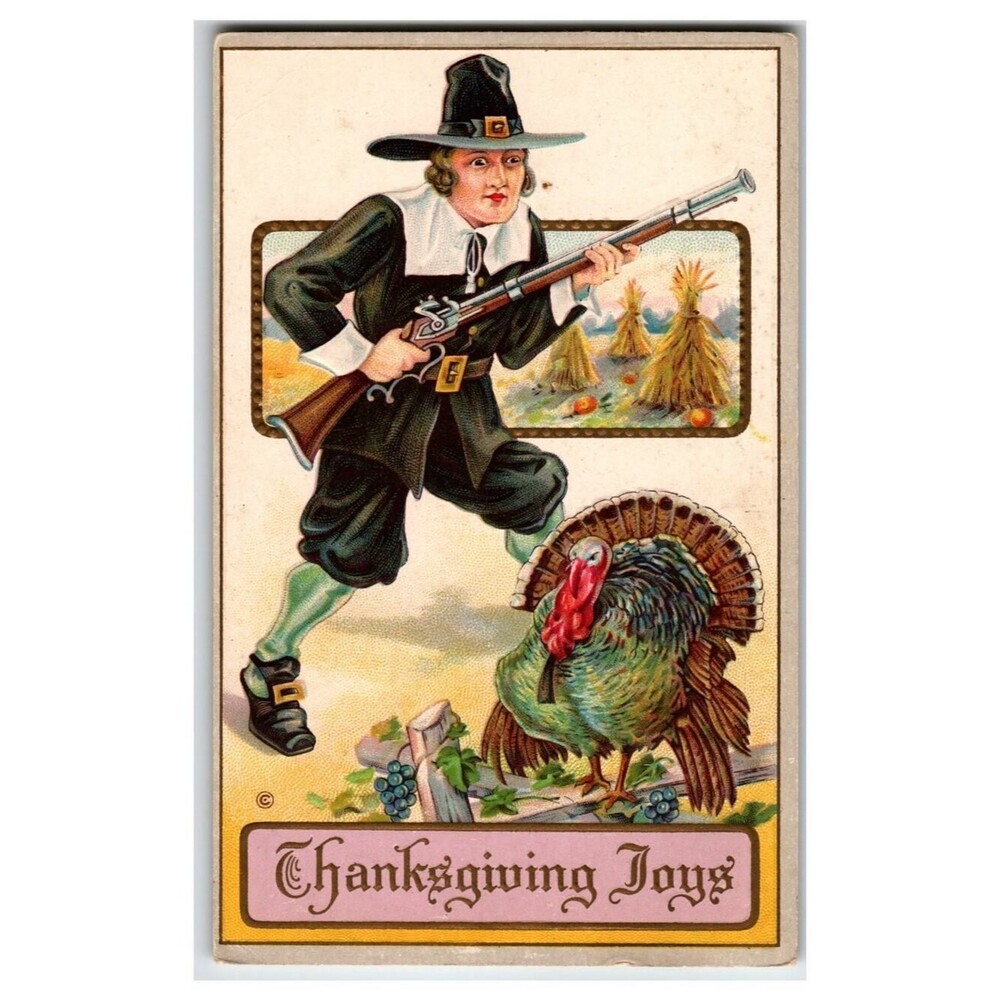 Antique Thanksgiving Joys Pilgrim Turkey Embossed Postcard Series 256 F